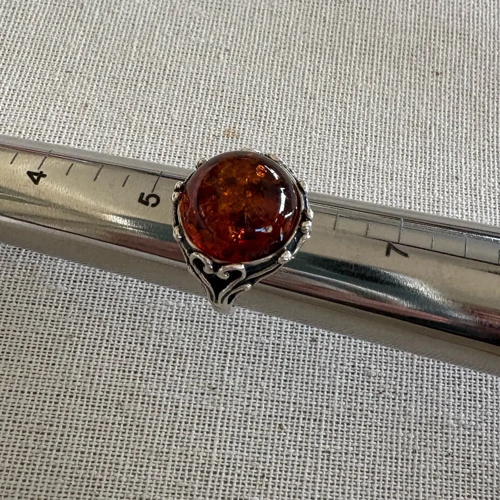 Sterling Silver and Amber Cabochon Bezel Set Ring